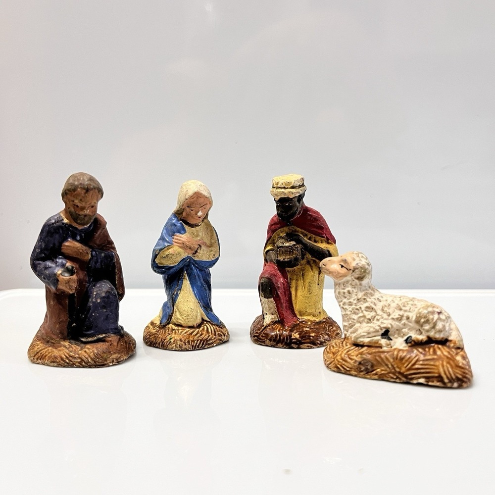 Vtg French Santons Figurines Nativity Set Devineau(?) Mary Two Wisemen Sheep